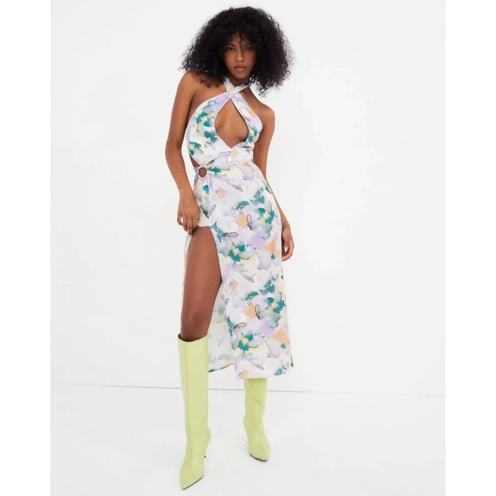 FOR LOVE AND LEMONS Megan Halter Midi Dress S Pastel Mulitcolor Floral Cut Out
